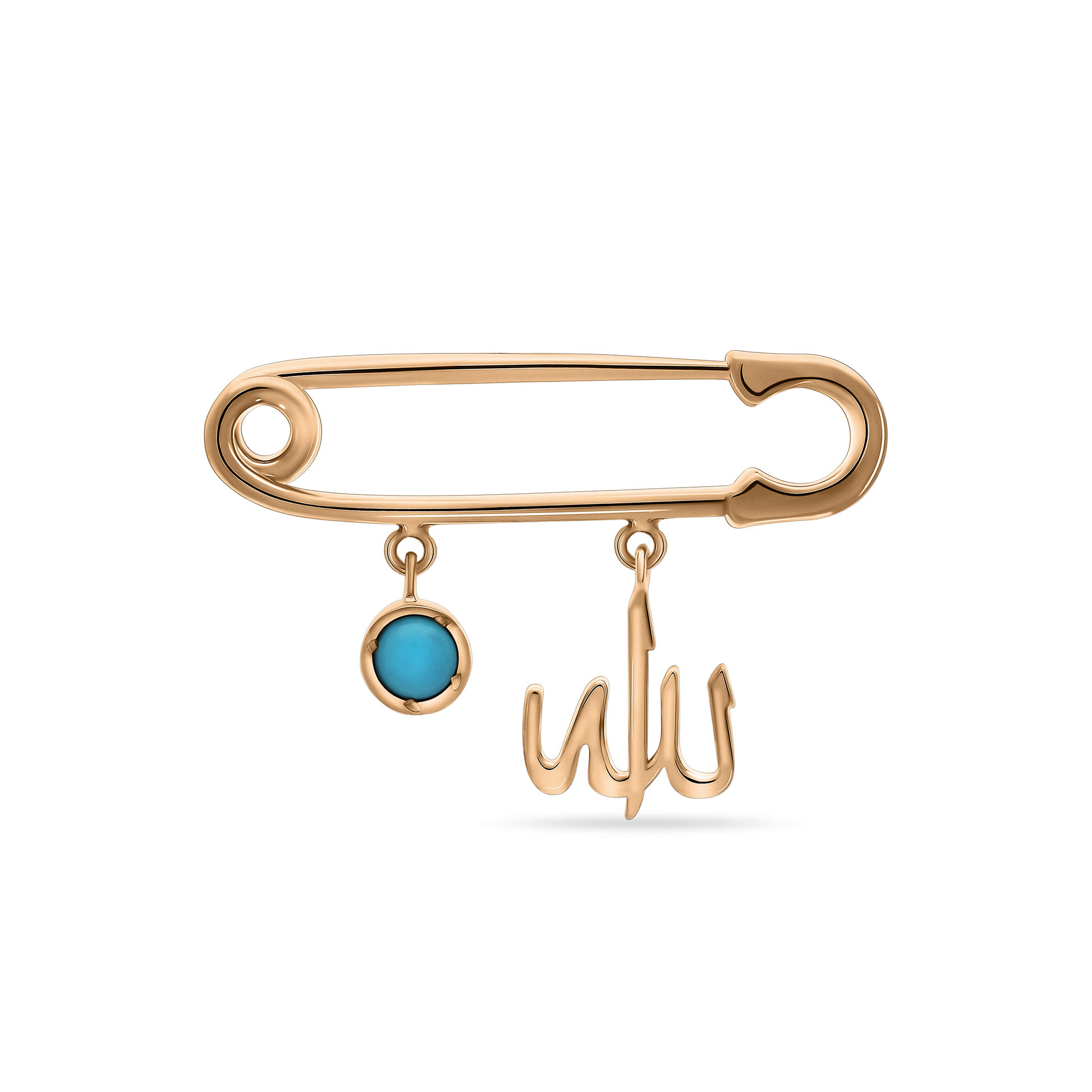 A polished 18K rose-gold safety-pin brooch (baby-pin style) with two dangling charms: a round bezel-set turquoise enamel disc and an Arabic “Allah” script charm, shown on a transparent background.