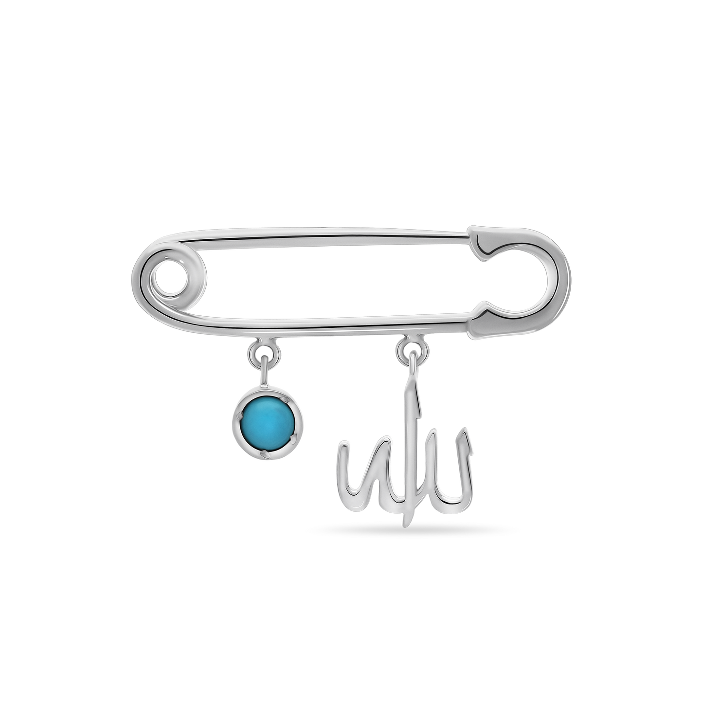 A polished 18K white-gold safety-pin brooch (baby-pin style) with two dangling charms: a round bezel-set turquoise enamel disc and an Arabic “Allah” script charm, shown on a transparent background.