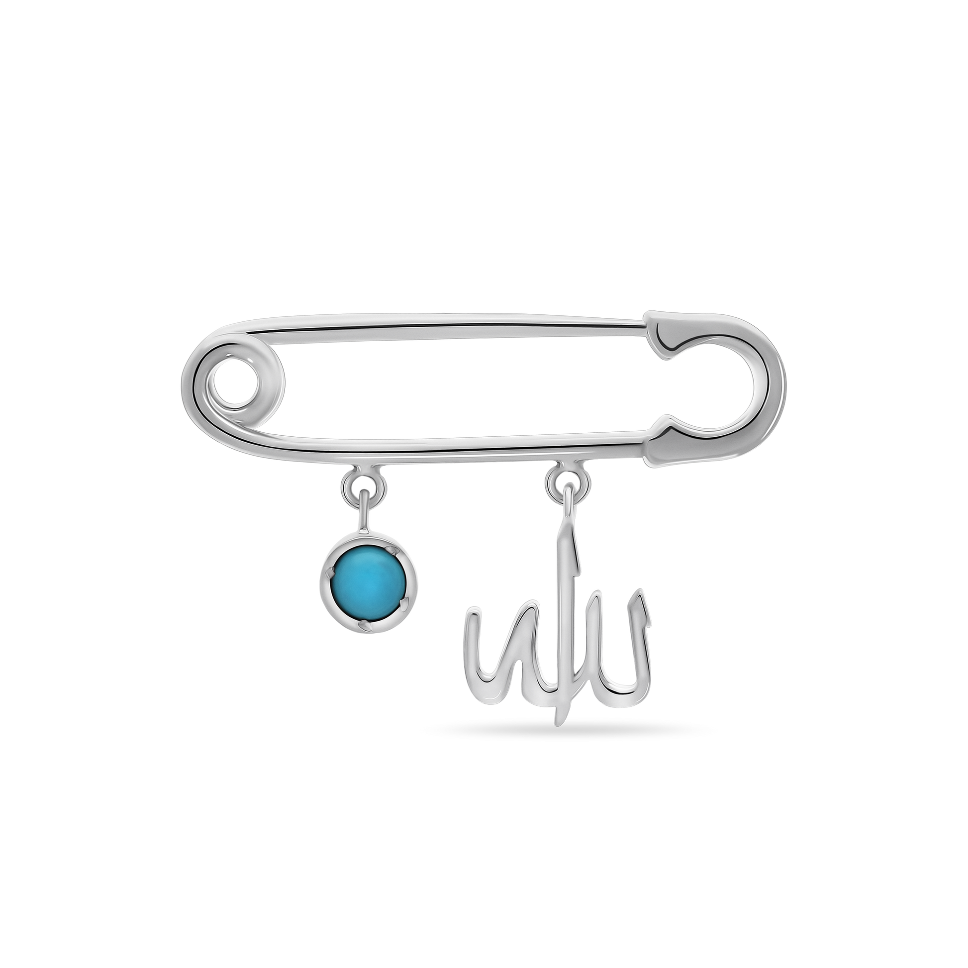 A polished 18K white-gold safety-pin brooch (baby-pin style) with two dangling charms: a round bezel-set turquoise enamel disc and an Arabic “Allah” script charm, shown on a transparent background.