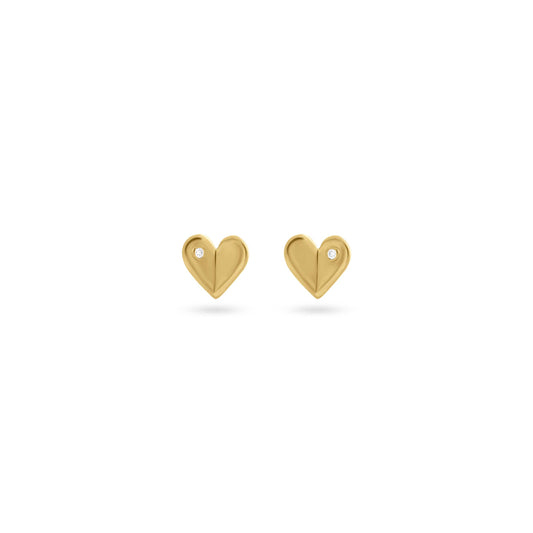 Pair of gold heart-shaped stud earrings with a folded design and a tiny diamond detail in each, displayed on a white background.