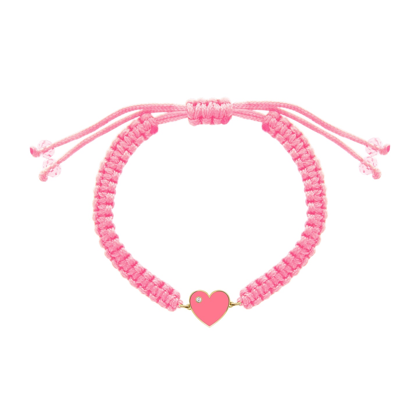 Pink macrame bracelet with a gold heart-shaped centerpiece filled with pink enamel and a tiny diamond accent.