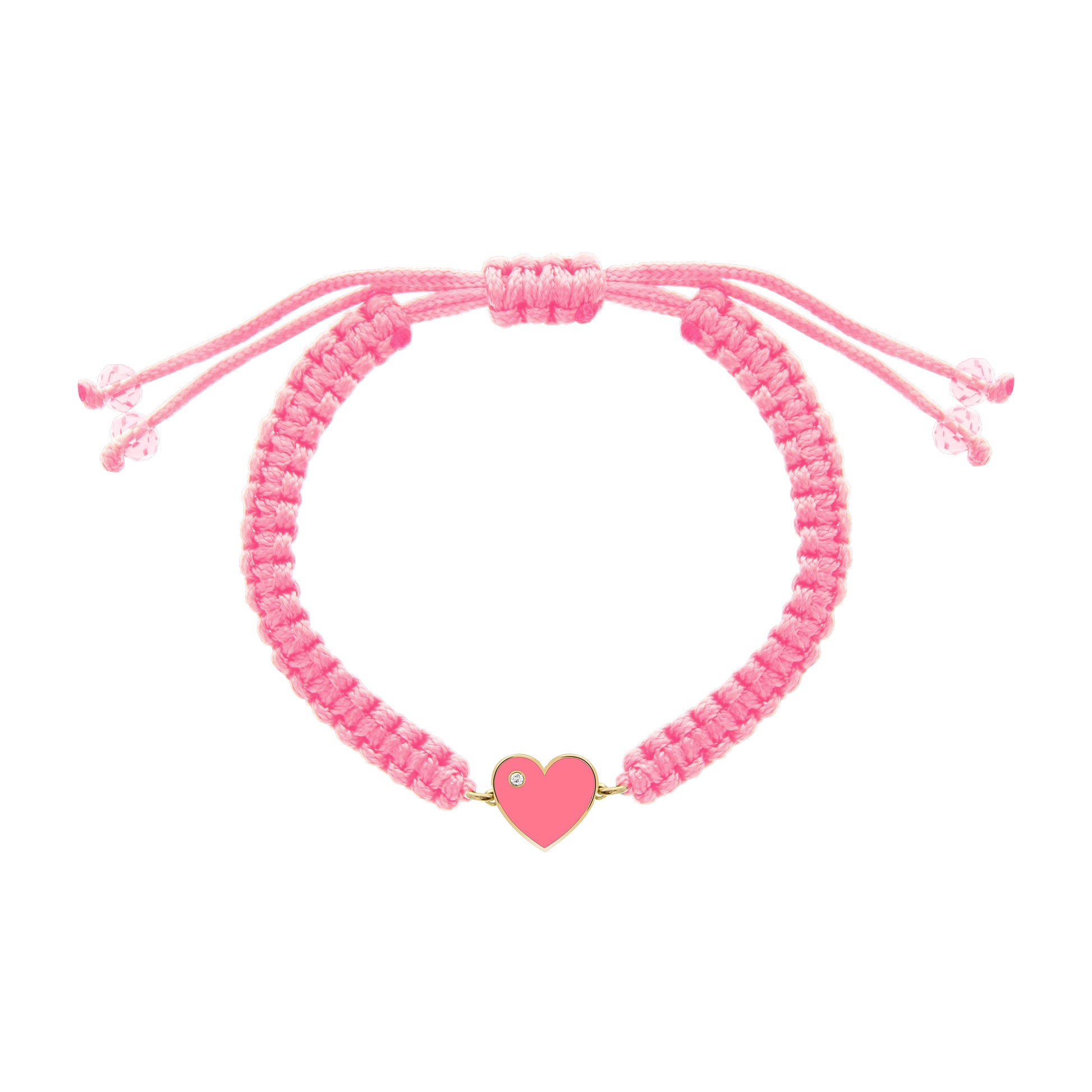 Pink macrame bracelet with a gold heart-shaped centerpiece filled with pink enamel and a tiny diamond accent.
