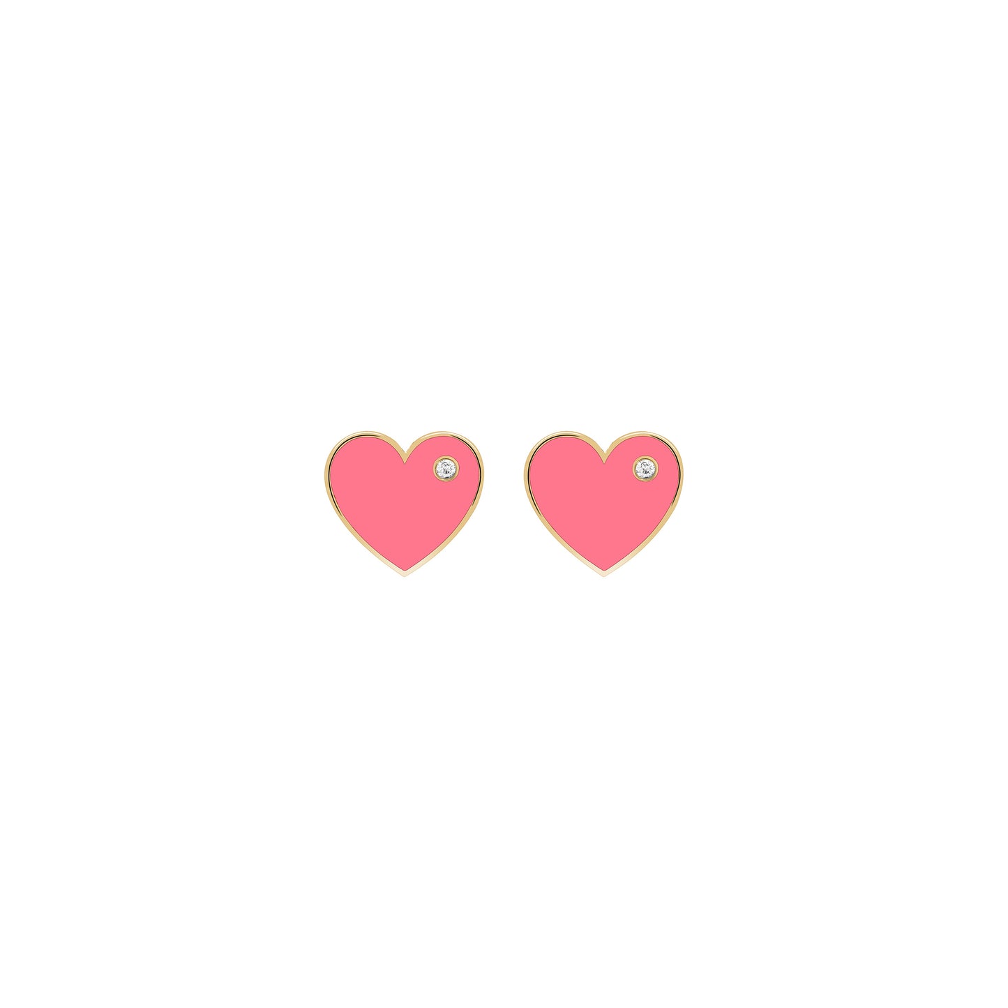 A pair of 18K gold heart-shaped stud earrings with pink enamel and a single diamond accent on each.