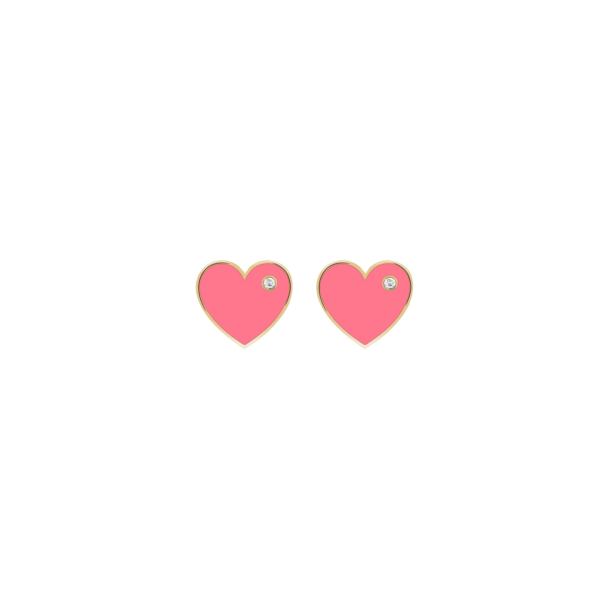 A pair of 18K gold heart-shaped stud earrings with pink enamel and a single diamond accent on each.