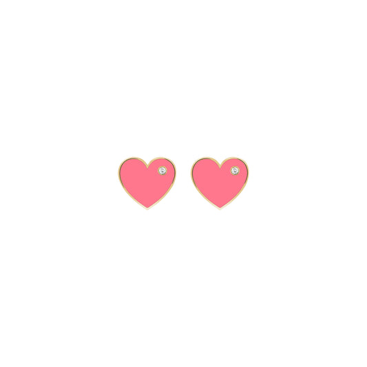 A pair of 18K gold heart-shaped stud earrings with pink enamel and a single diamond accent on each.