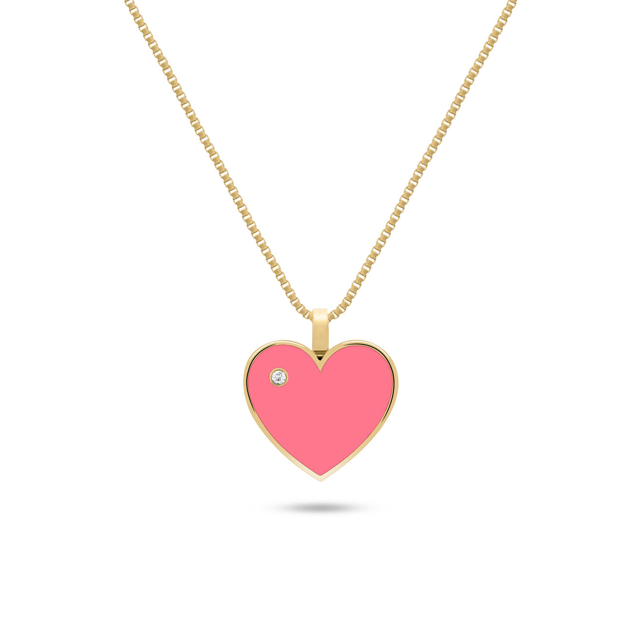 18K gold necklace featuring a pink enamel heart pendant with a single diamond accent near the top left.