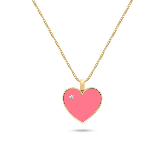 18K gold necklace featuring a pink enamel heart pendant with a single diamond accent near the top left.