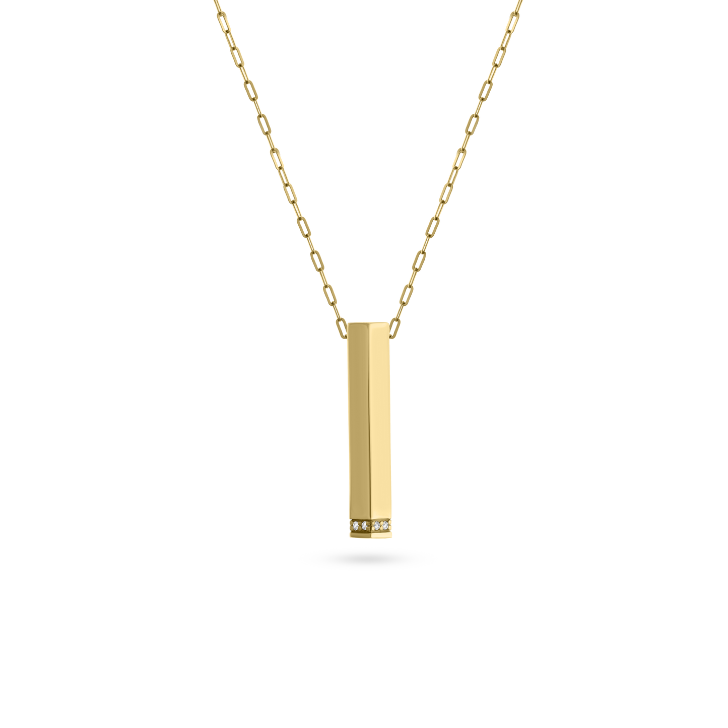 Minimalist vertical gold bar necklace with diamond detailing at the base, displayed on a transparent background.