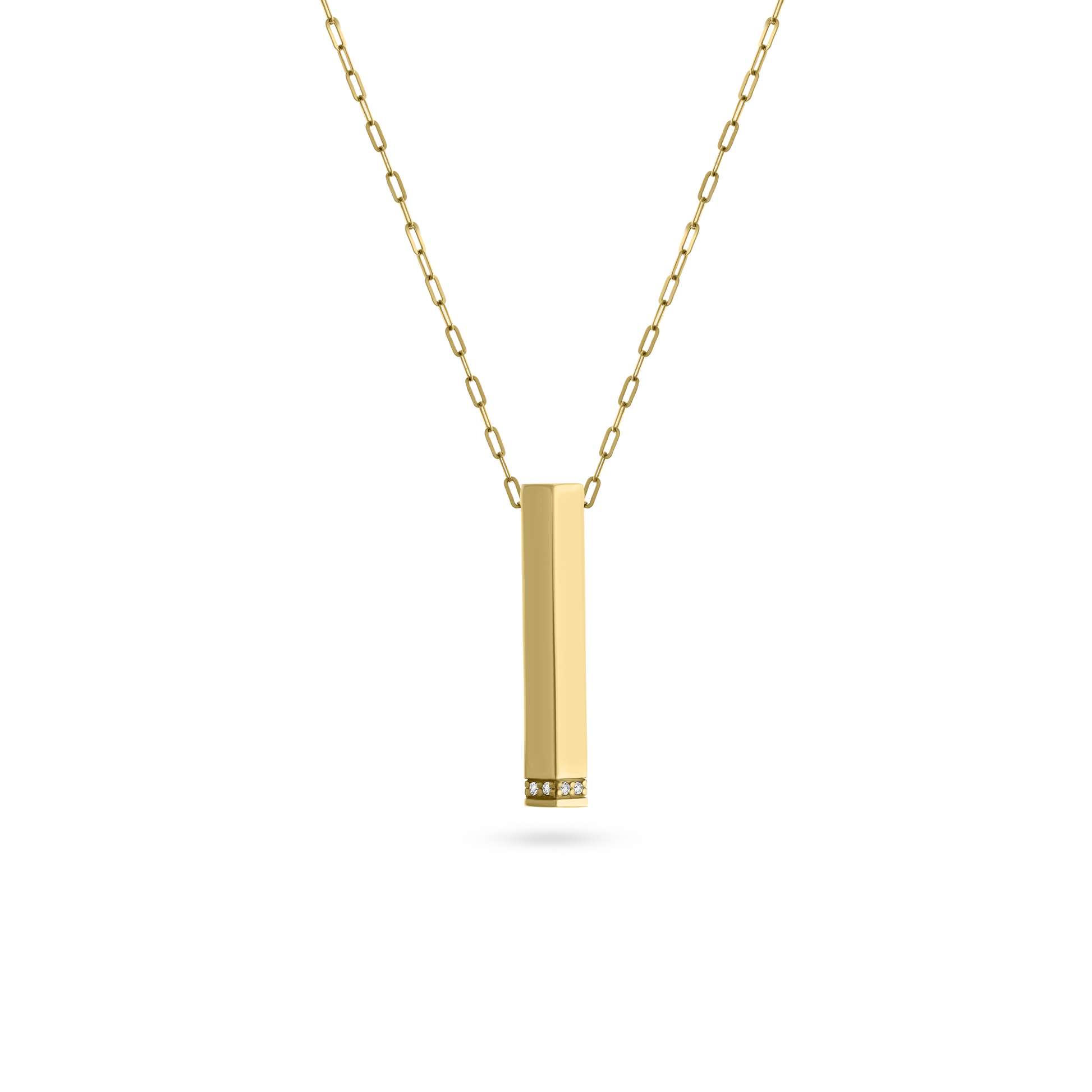 Minimalist vertical gold bar necklace with diamond detailing at the base, displayed on a transparent background.
