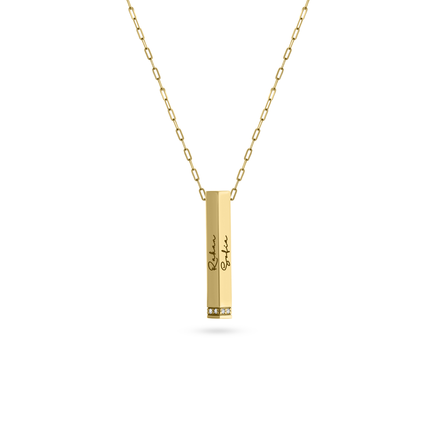 Gold vertical bar pendant necklace with engraved names “Rohan” and “Sofia” and diamond accents at the base, shown on a transparent background.