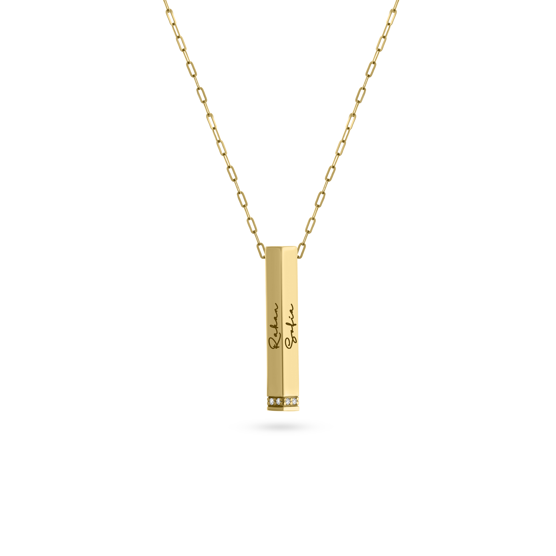 Gold vertical bar pendant necklace with engraved names “Rohan” and “Sofia” and diamond accents at the base, shown on a transparent background.