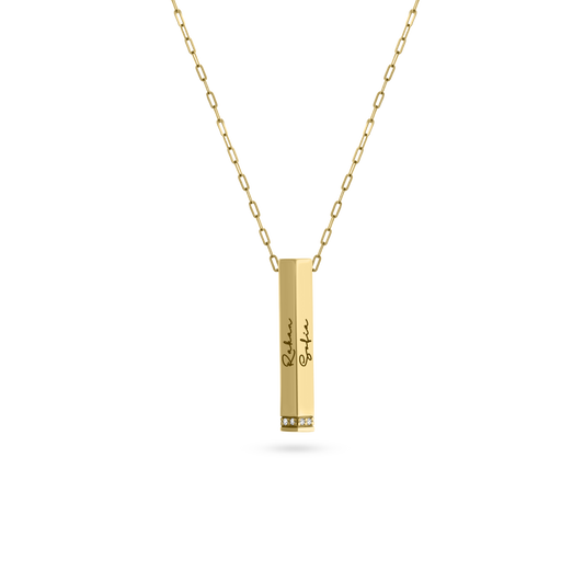 Gold vertical bar pendant necklace with engraved names “Rohan” and “Sofia” and diamond accents at the base, shown on a transparent background.