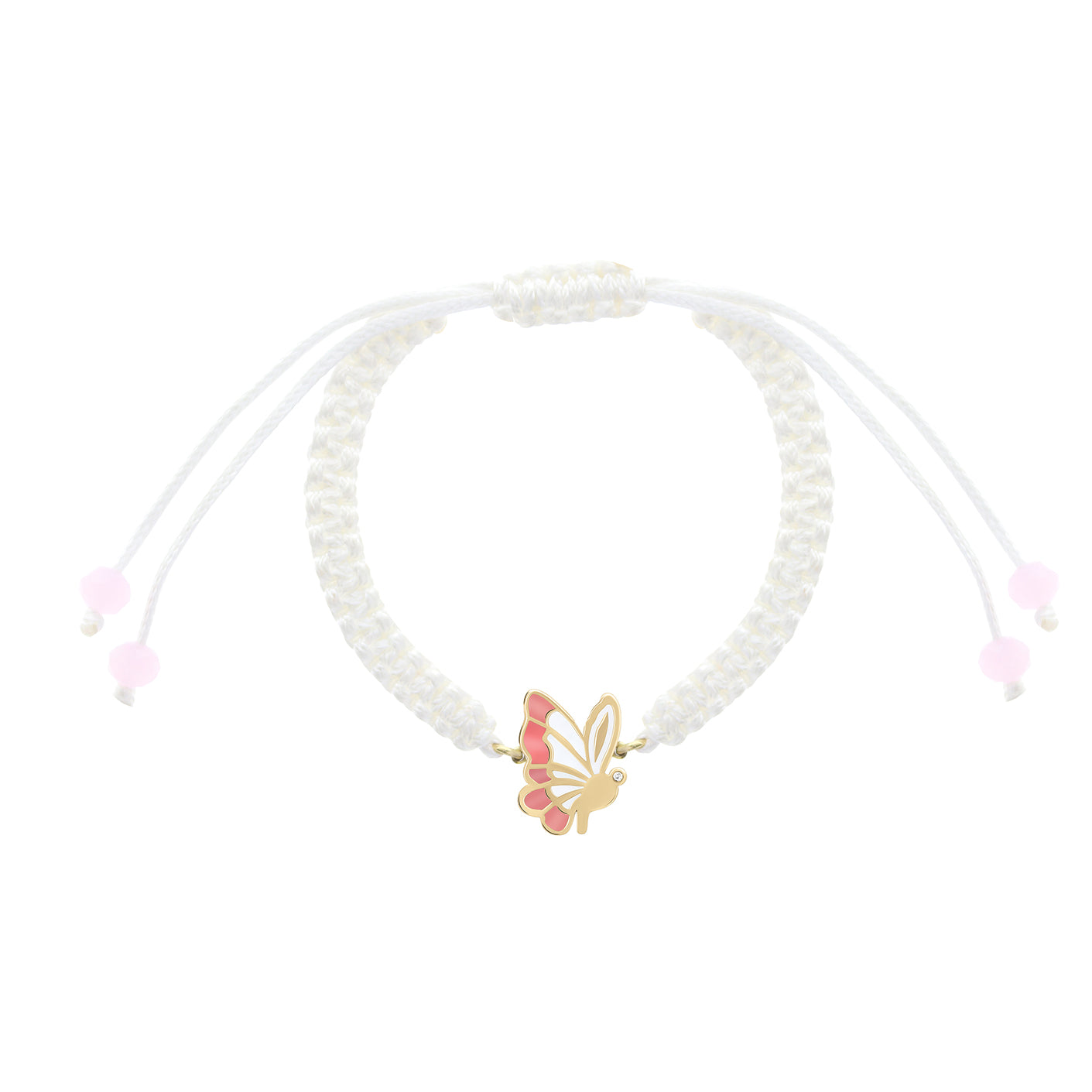 A white braided bracelet with a gold butterfly charm featuring pink enamel wings, with adjustable pink ties.