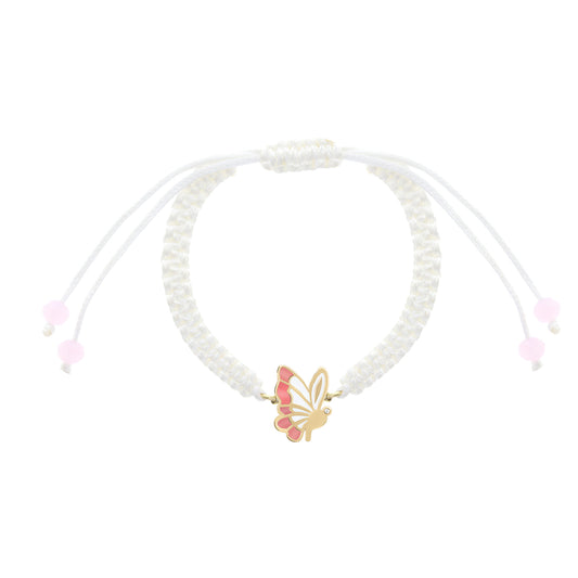 A white braided bracelet with a gold butterfly charm featuring pink enamel wings, with adjustable pink ties.