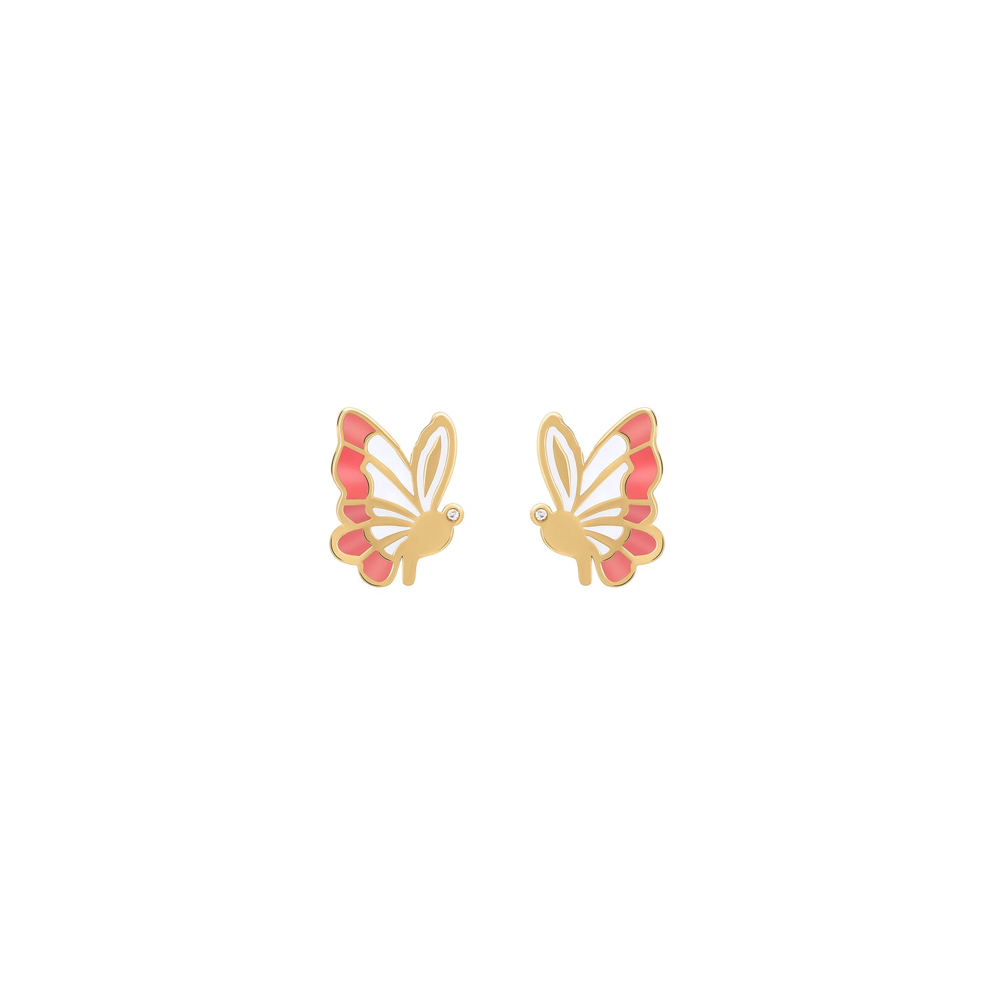 Gold butterfly earrings with pink enamel and tiny diamond eyes
