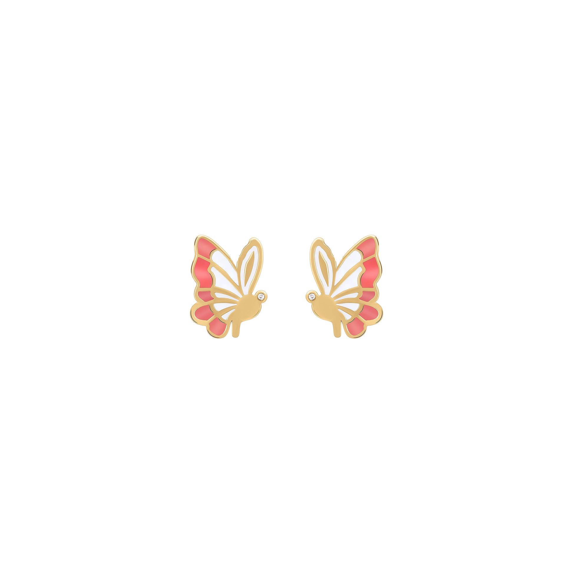 Gold butterfly earrings with pink enamel and tiny diamond eyes