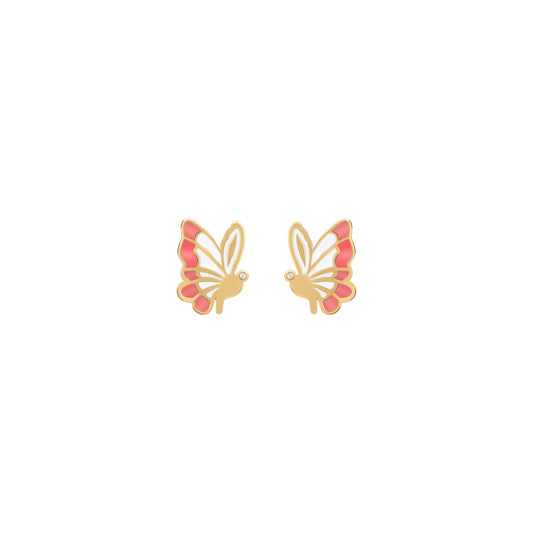 Gold butterfly earrings with pink enamel and tiny diamond eyes
