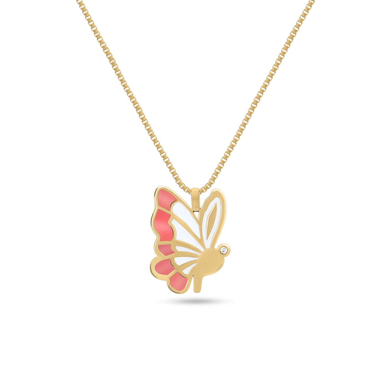 18K gold and pink enamel butterfly pendant necklace with a small diamond on one wing.