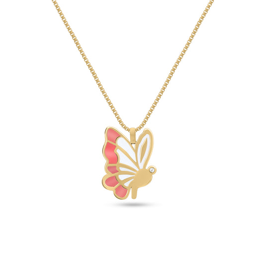 18K gold and pink enamel butterfly pendant necklace with a small diamond on one wing.