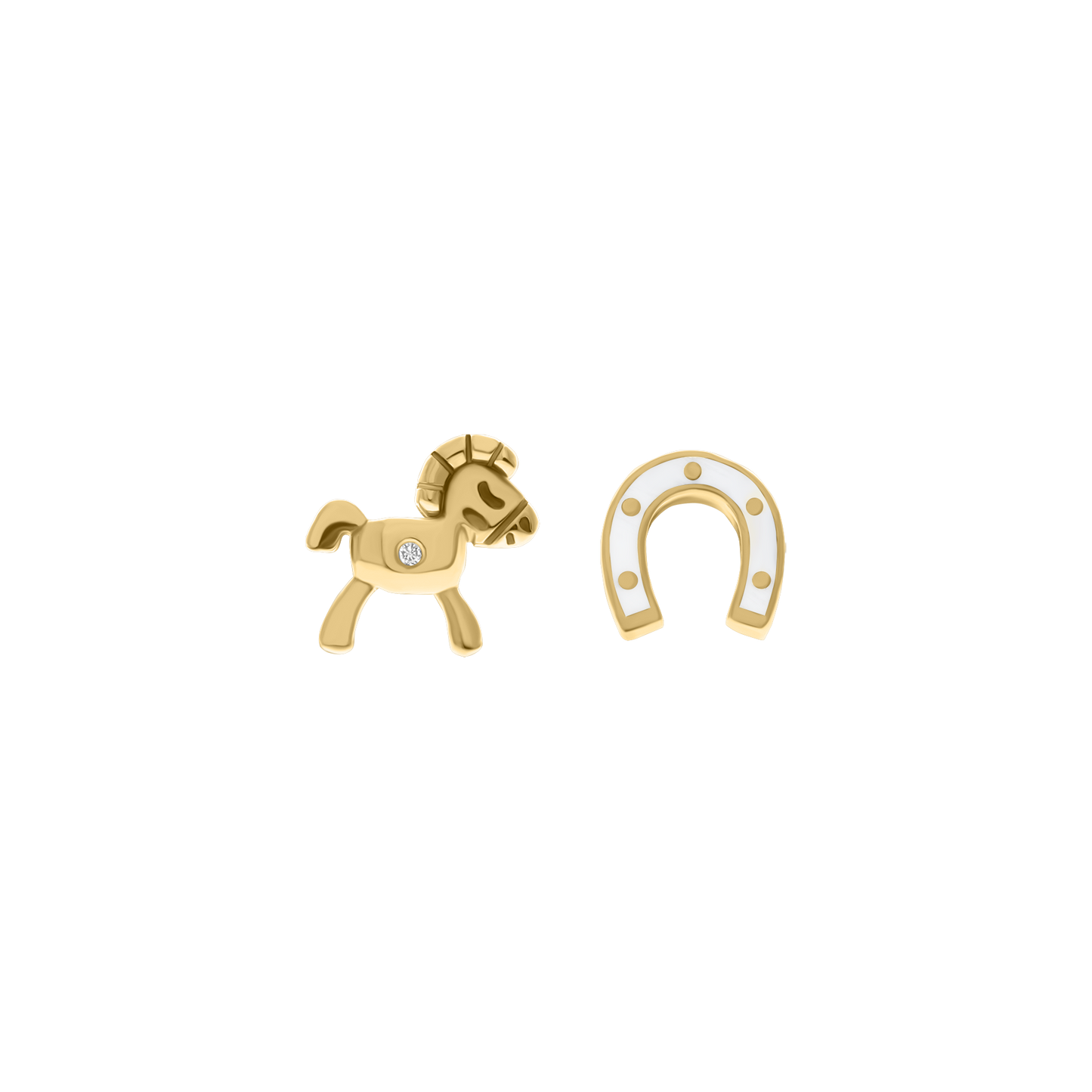 Yellow gold horse and horseshoe stud earrings with enamel and diamond detail