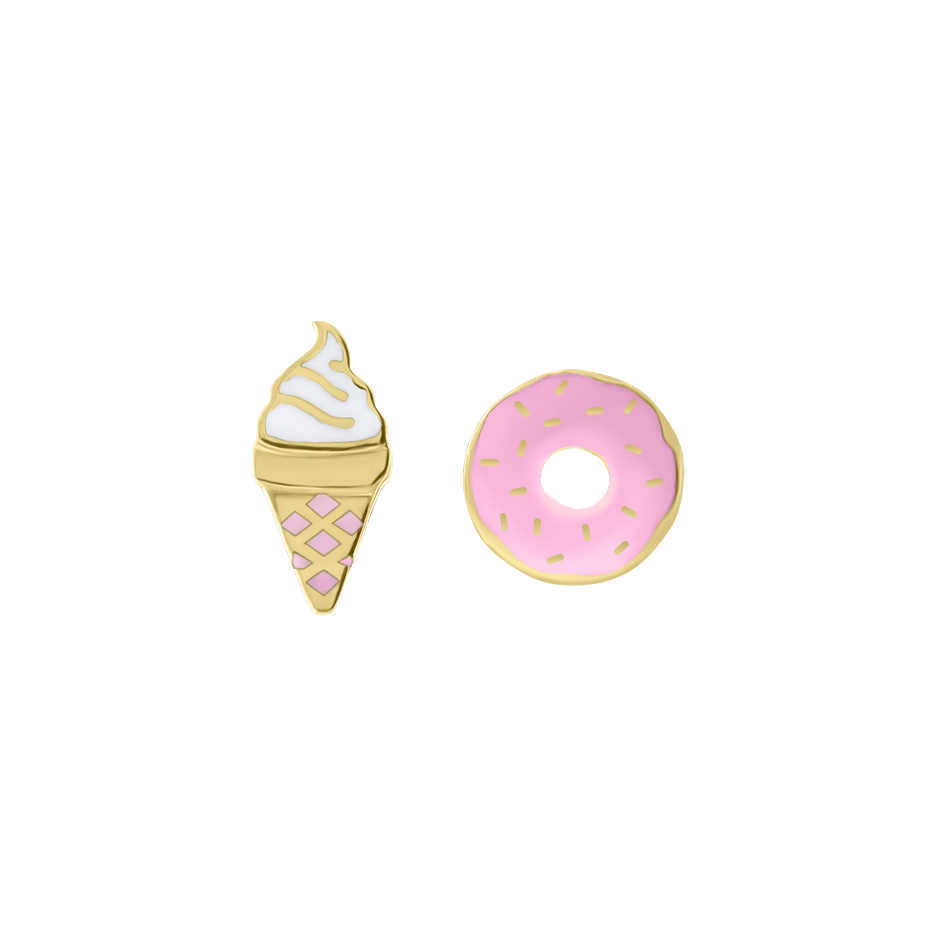 Yellow gold ice cream and donut stud earrings with pink and white enamel