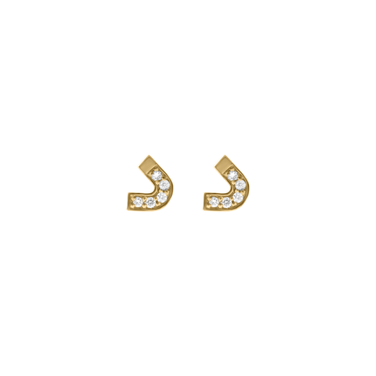 Pair of gold letter “D” earrings set with diamonds, displayed on a transparent background.