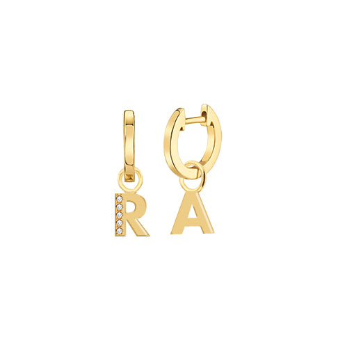 Pair of gold hoop earrings, each featuring a dangling initial letter charm—one with diamond accents on the letter “R” and the other with a plain “A”, displayed on a white background.