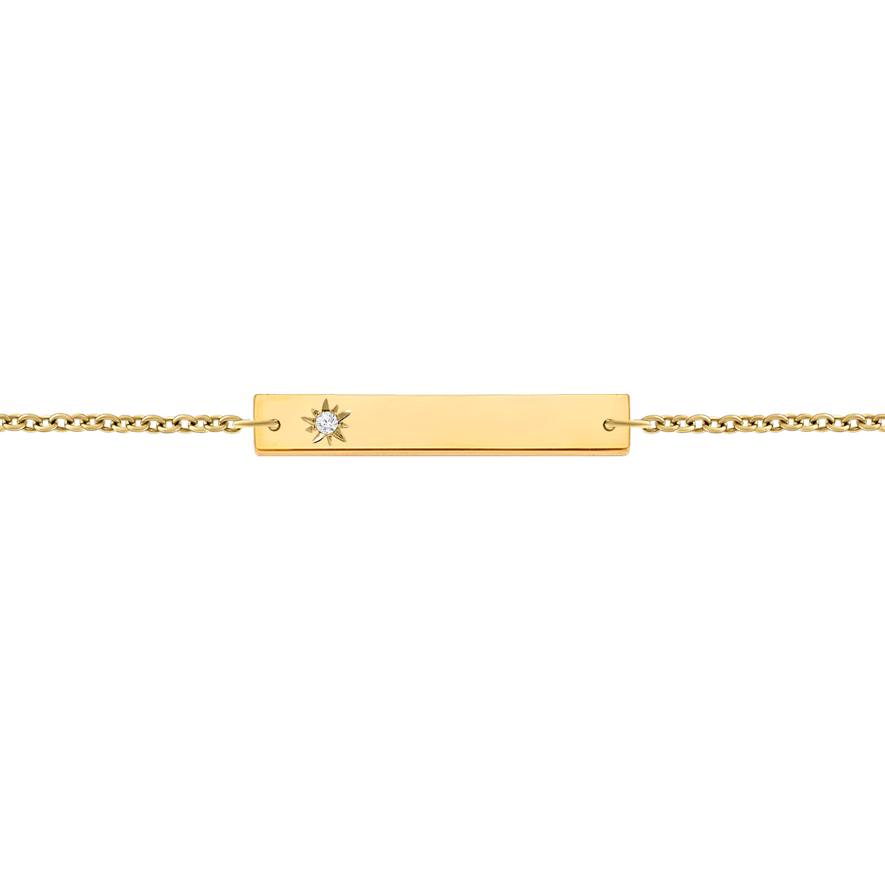 A delicate 18K yellow-gold horizontal bar bracelet on a fine paper-clip chain, featuring a starburst engraving set with a single round brilliant-cut diamond at one end, shown on a transparent background.