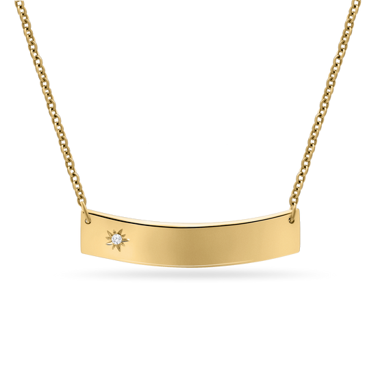 A fine 18K yellow-gold curved bar pendant on a paper-clip chain, featuring a tiny starburst engraving set with a single round brilliant-cut diamond on one end, shown on a transparent background.