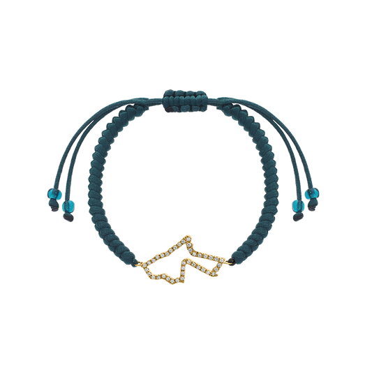 BabyChic adjustable teal braided cord bracelet featuring a petite 18K gold outline of the map of Jordan pavé-set with round diamonds, with a sliding knot closure and matching teal bead ends, shown on a transparent background.