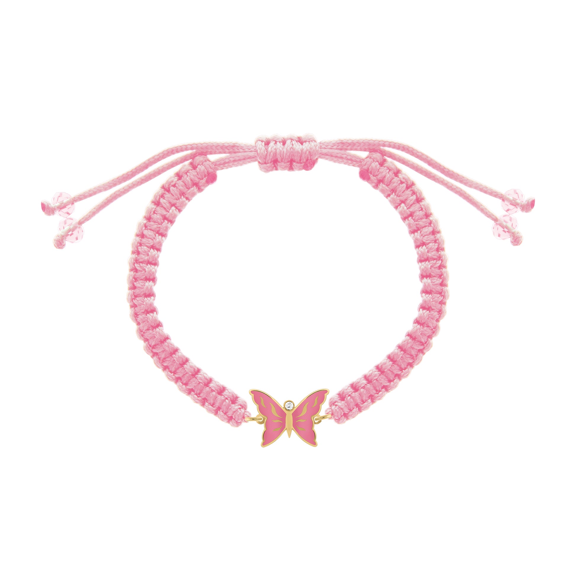 Pink cord bracelet with a gold and enamel butterfly charm centered with a diamond accent