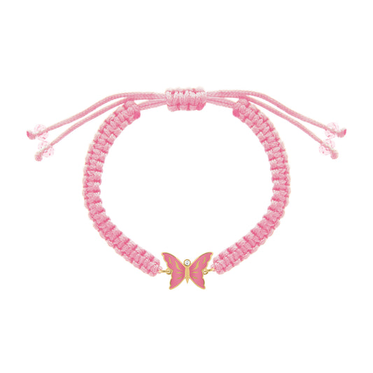 Pink cord bracelet with a gold and enamel butterfly charm centered with a diamond accent