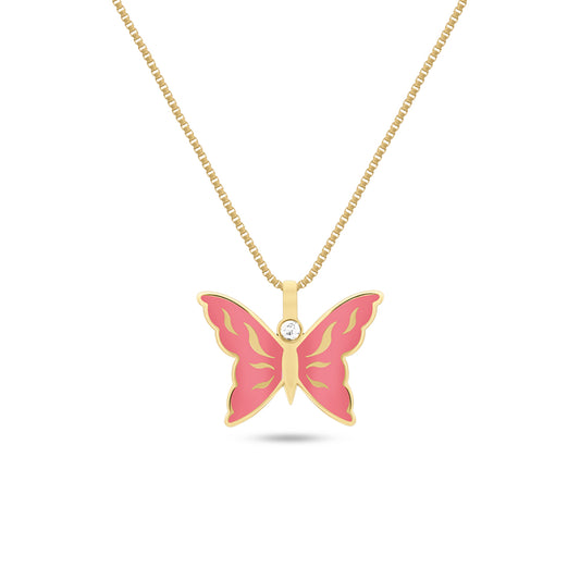 A pink butterfly pendant necklace with gold wings and a diamond center on a yellow gold chain.