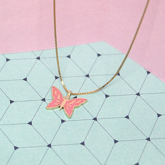 A pink butterfly pendant necklace with gold wings and a diamond center on a yellow gold chain. - Baby Gifts