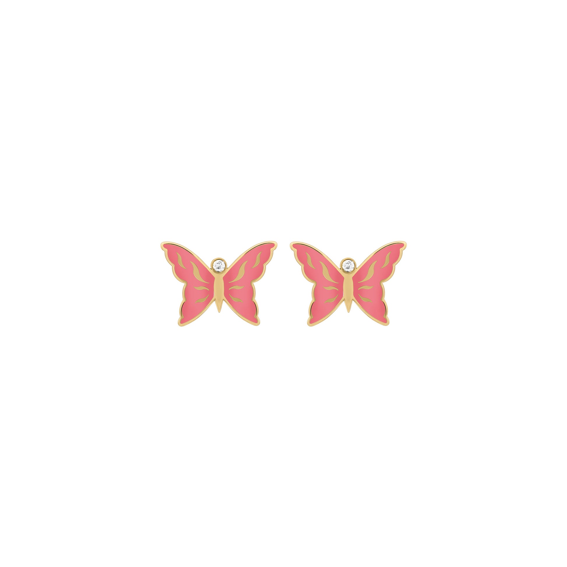 18K  pink butterfly earrings with gold outlines and a sparkling diamond center.
