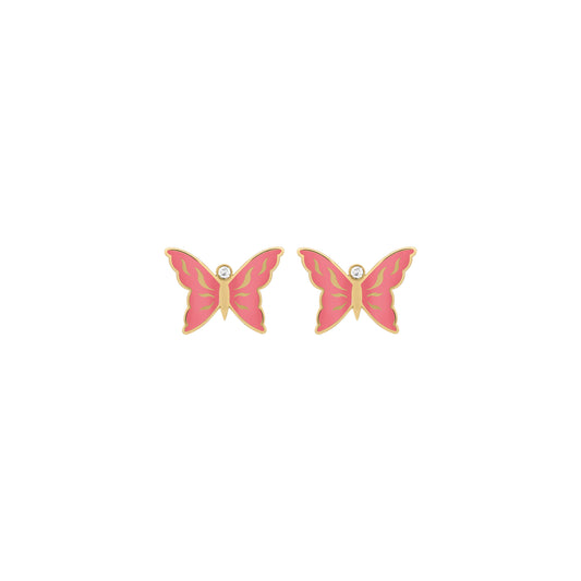18K  pink butterfly earrings with gold outlines and a sparkling diamond center.