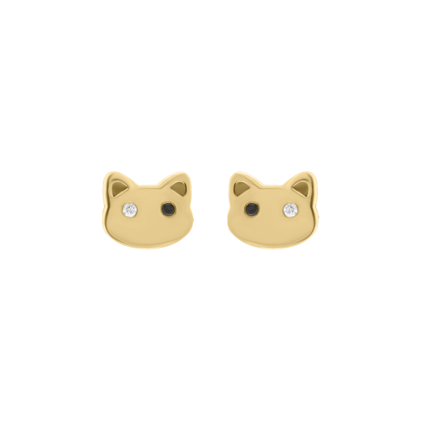 Pair of gold cat face silhouette stud earrings with one black and one white diamond for eyes, displayed on a transparent background.