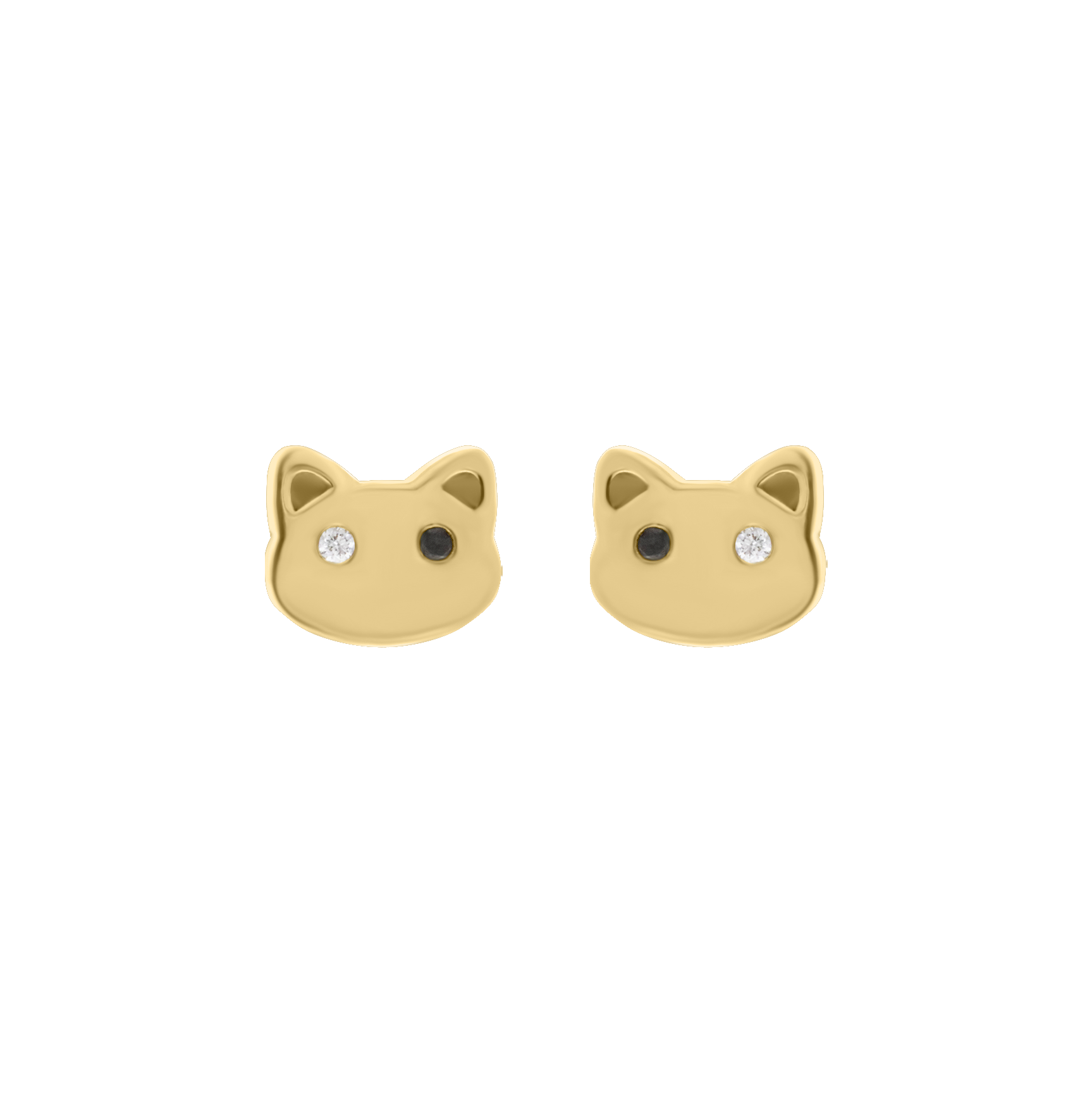 Pair of gold cat face silhouette stud earrings with one black and one white diamond for eyes, displayed on a transparent background.