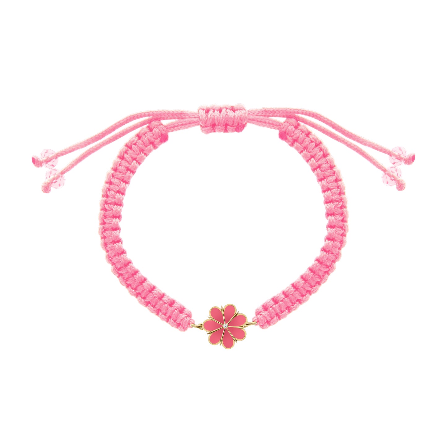 Adjustable pink macramé bracelet with a gold flower charm in the center.