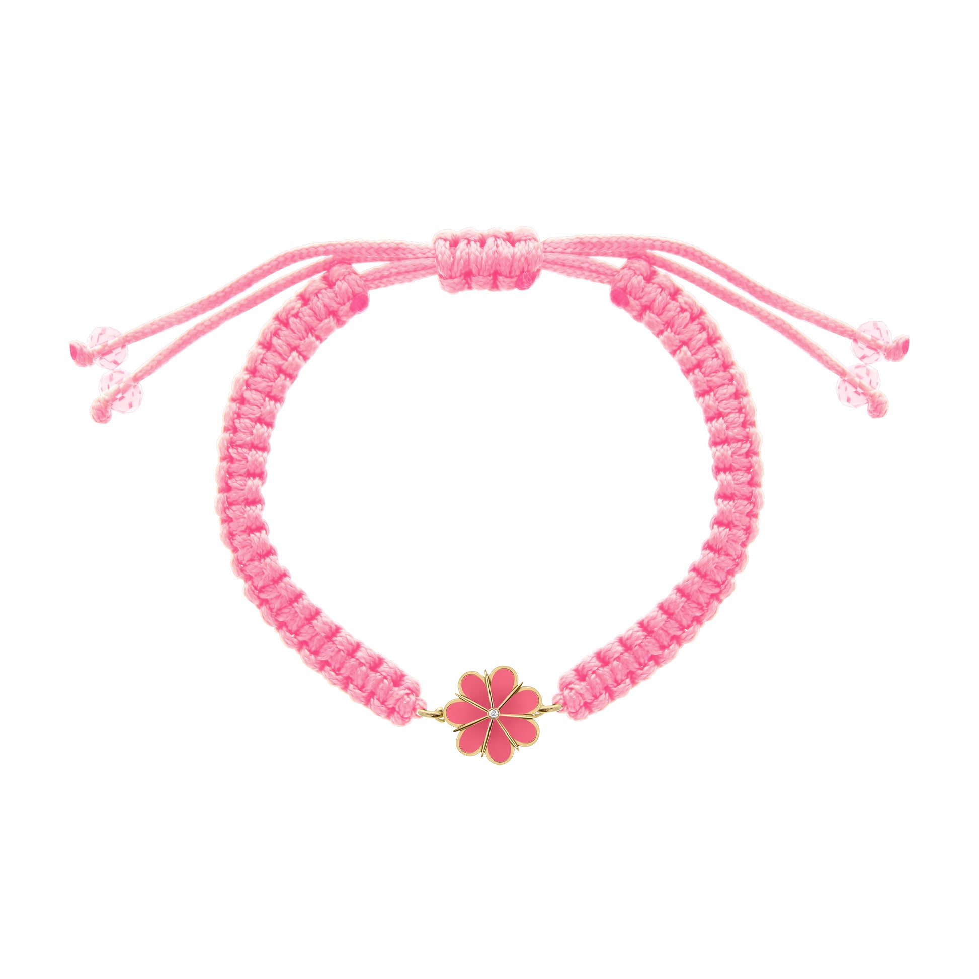 Adjustable pink macramé bracelet with a gold flower charm in the center.