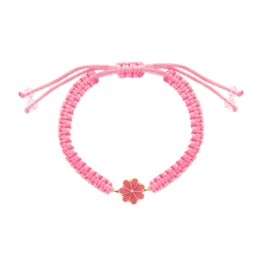 Adjustable pink macramé bracelet with a gold flower charm in the center.