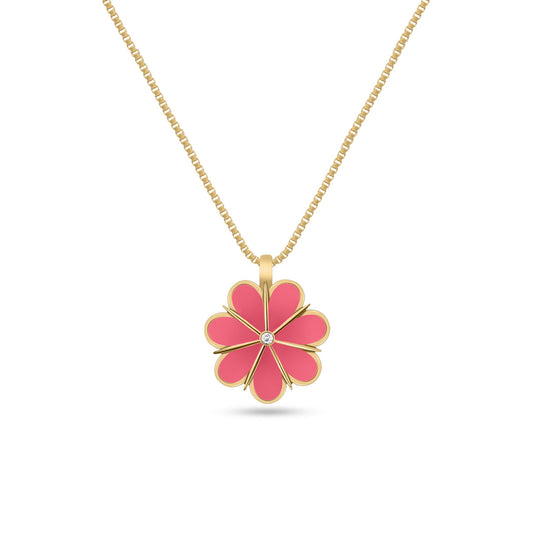 A pink floral pendant necklace with a gold center, featuring a diamond at the center of the flower.