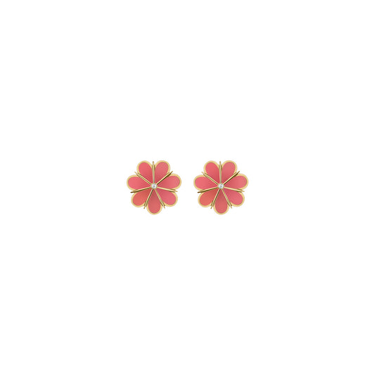 Pair of gold Lily Earrings with pink enamel petals and a central diamond accent, displayed on a white background.