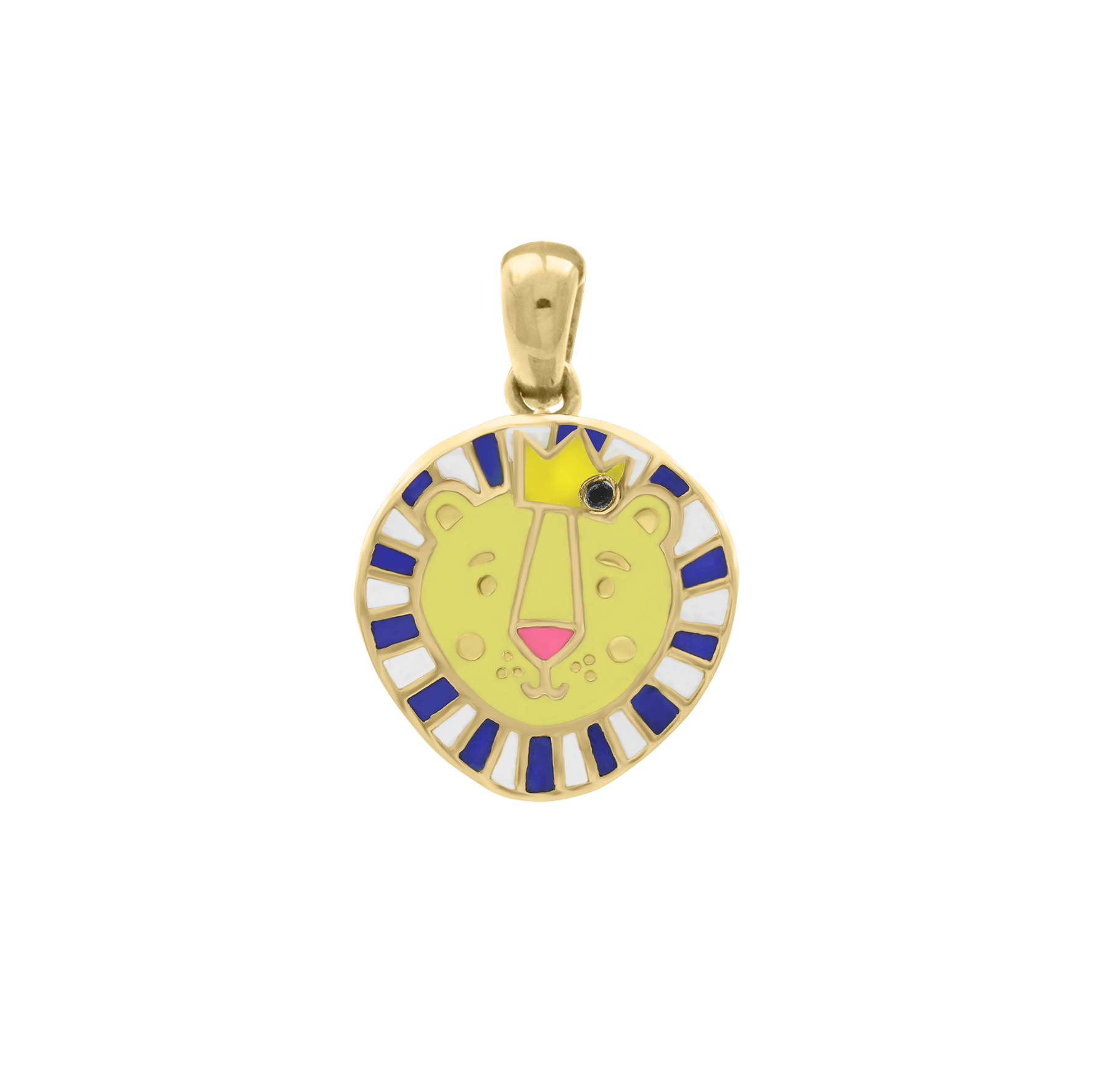 18K gold lion face pendant with blue and white enamel mane and yellow crown