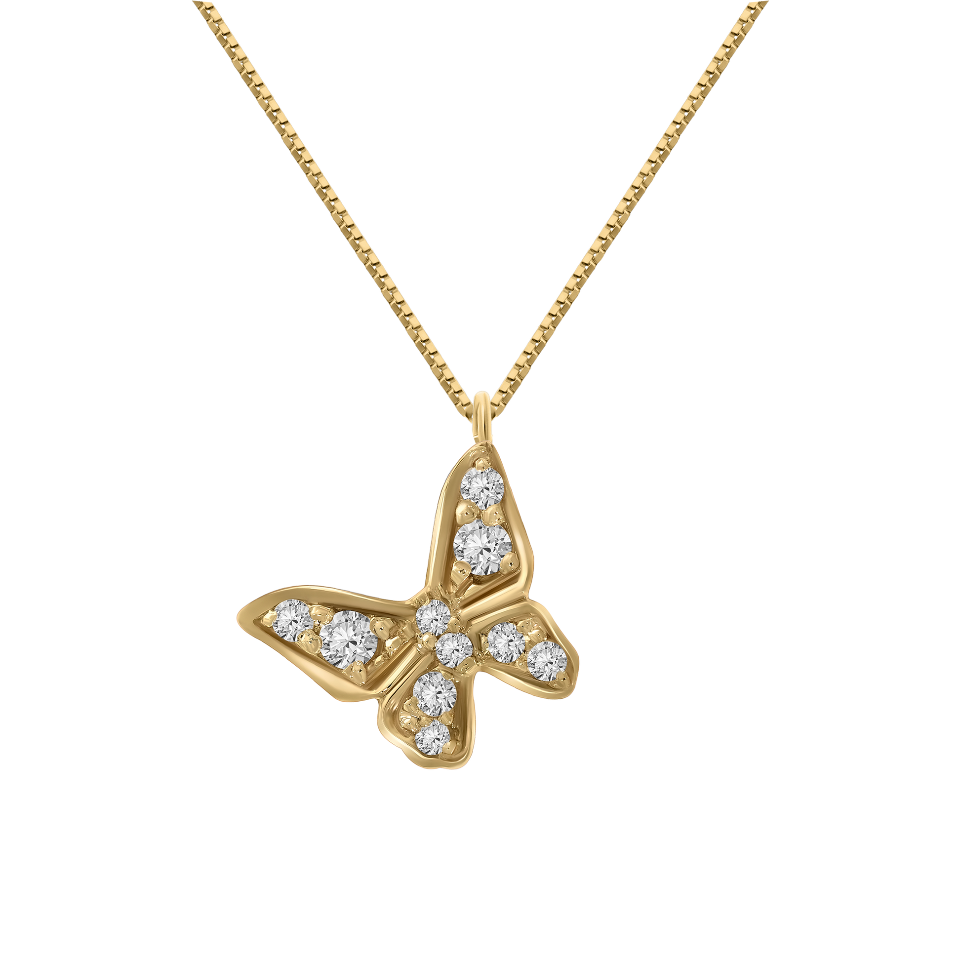 A studio shot of a delicate 18K yellow-gold butterfly pendant necklace on a transparent background, the butterfly’s wings pavé-set with round brilliant-cut diamonds, suspended from a fine paper-clip chain.”