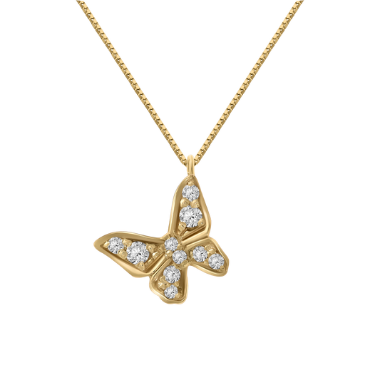 A studio shot of a delicate 18K yellow-gold butterfly pendant necklace on a transparent background, the butterfly’s wings pavé-set with round brilliant-cut diamonds, suspended from a fine paper-clip chain.”