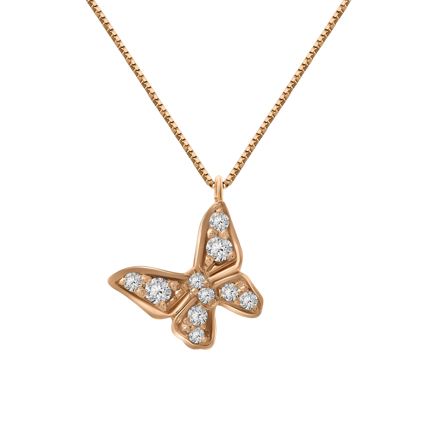A studio shot of a delicate 18K rose-gold butterfly pendant necklace on a transparent background, the butterfly’s wings pavé-set with round brilliant-cut diamonds, suspended from a fine paper-clip chain.