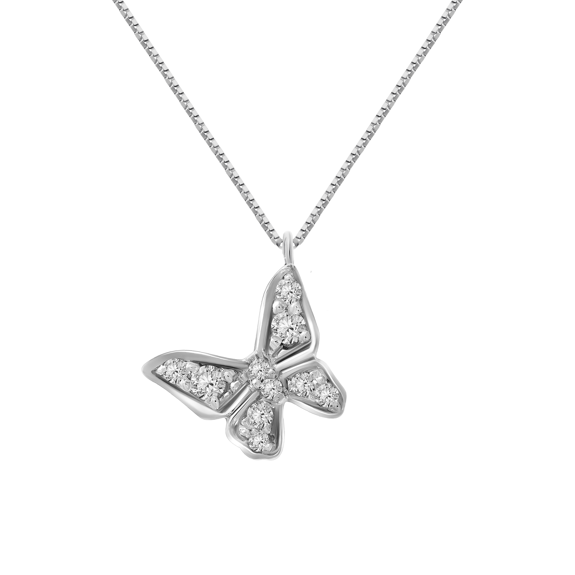 A studio shot of a delicate 18K white-gold butterfly pendant necklace on a transparent background, the butterfly’s wings pavé-set with round brilliant-cut diamonds, suspended from a fine paper-clip chain.”