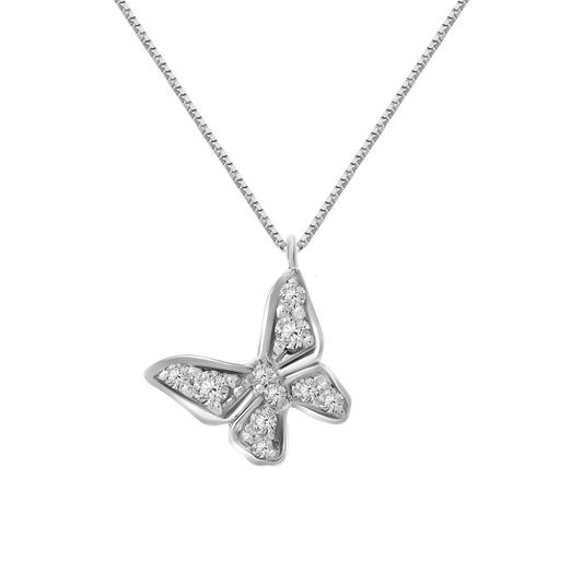 A studio shot of a delicate 18K white-gold butterfly pendant necklace on a transparent background, the butterfly’s wings pavé-set with round brilliant-cut diamonds, suspended from a fine paper-clip chain.”