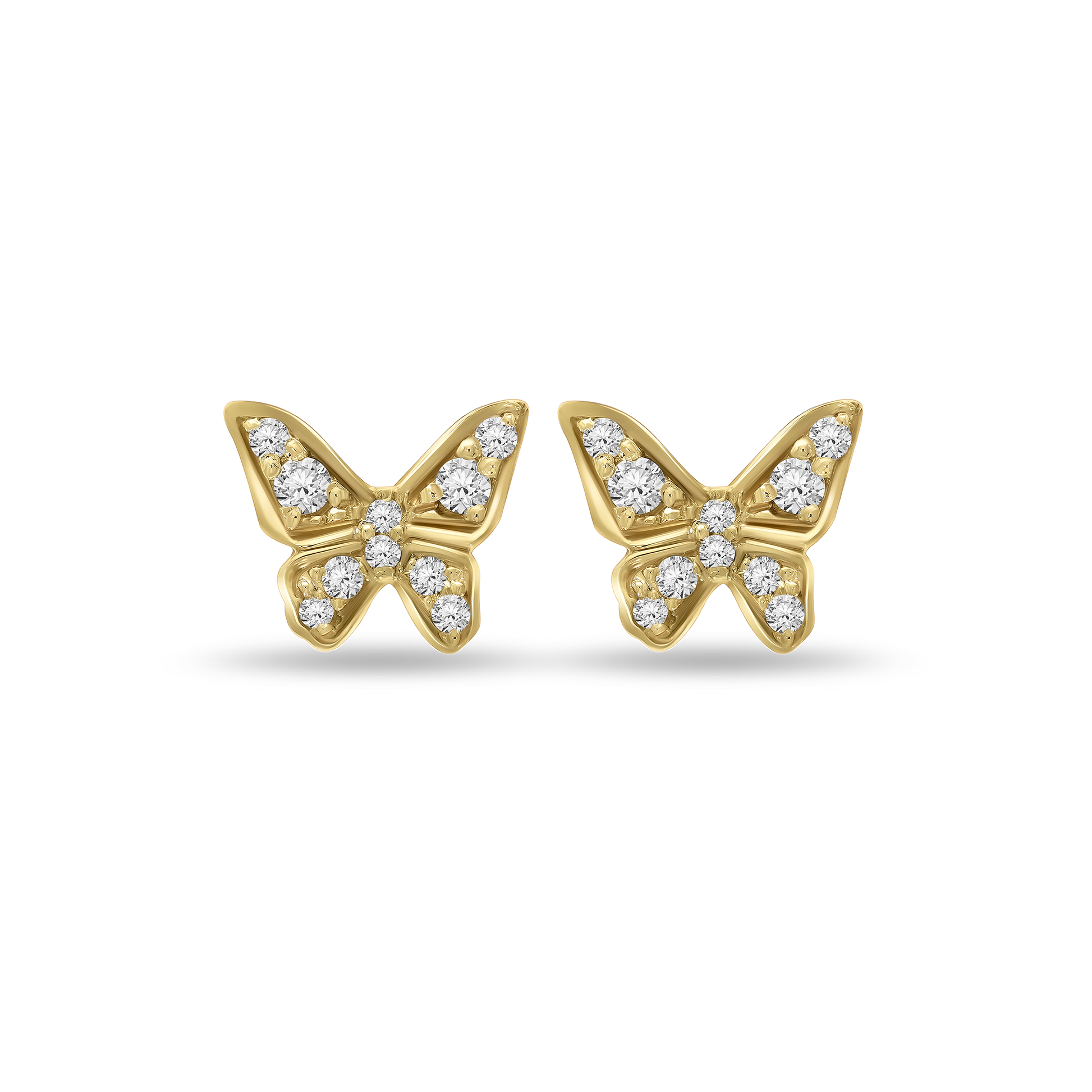 A pair of 18K yellow-gold butterfly stud earrings, each wing pavé-set with small round brilliant-cut diamonds, shown side by side on a transparent background.